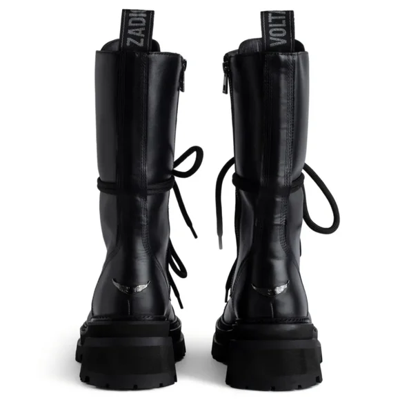 NEW $748 Zadig and Voltaire Ride Semy-Shiny Calfskin Black Leather Combat Boots - Picture 2 of 12